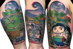 A tattoo for an arm, with ponyo, a robot from the castle in the sky, the moving castle in the universe of Hayao Miyazaki all surrounded by olive leaves. tattoo idea
