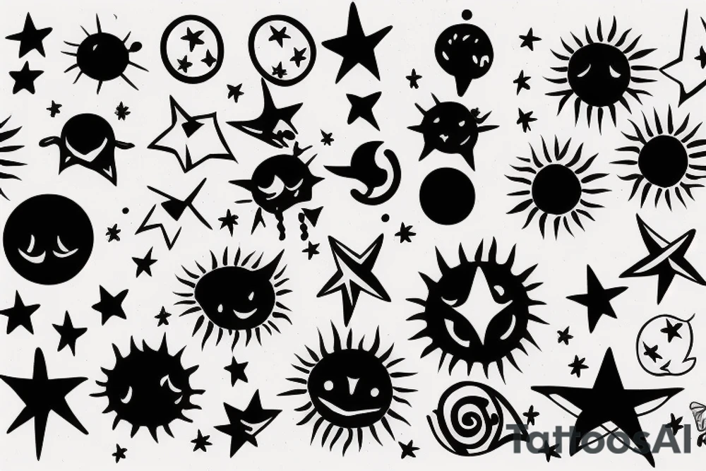 minimal sun and stars tattoo behind ear tattoo idea