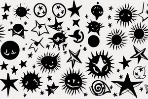 minimal sun and stars tattoo behind ear tattoo idea