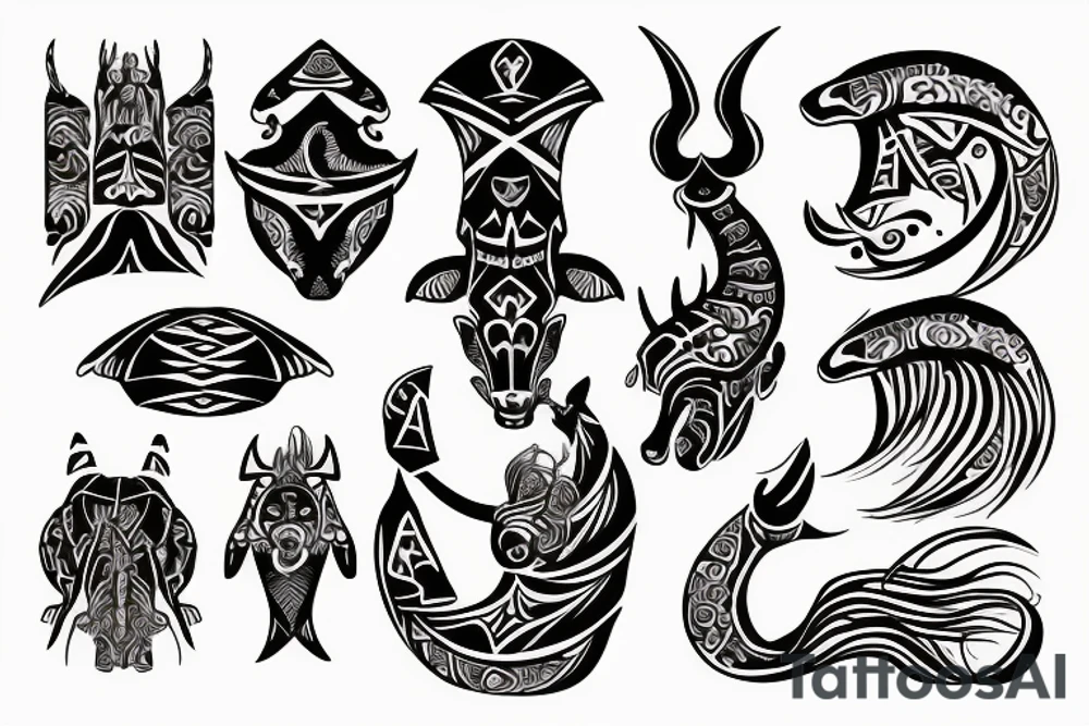 Tribal design incorporating Aquarius,  Capricorn,  Aries and Taurus zodiacs tattoo idea