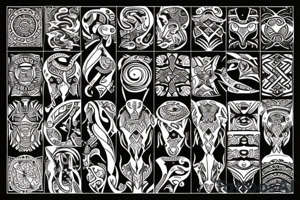 Tribal design incorporating Aquarius,  Capricorn,  Aries and Taurus zodiacs tattoo idea