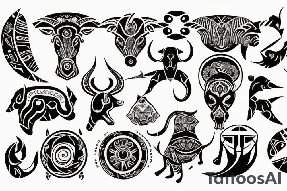 Tribal design incorporating Aquarius, Capricorn, Aries and Taurus zodiacs tattoo idea