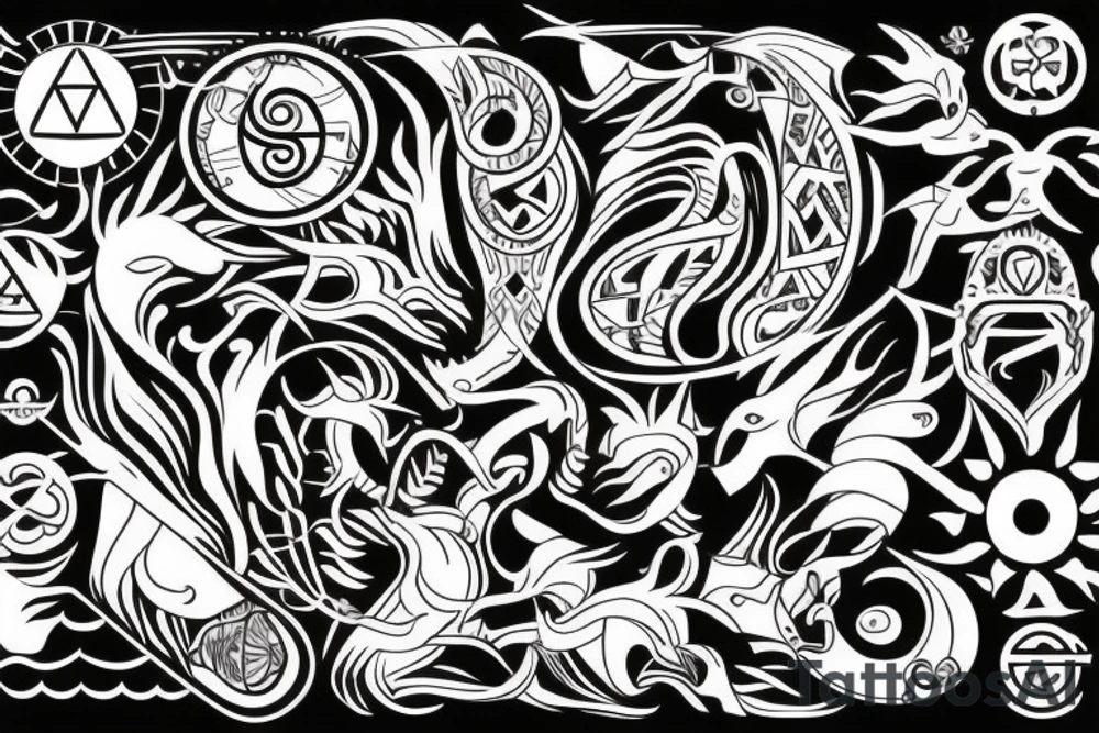 Tribal design incorporating Aquarius, Capricorn, Aries and Taurus zodiacs tattoo idea