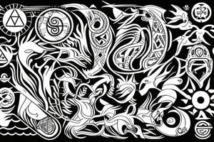 Tribal design incorporating Aquarius,  Capricorn,  Aries and Taurus zodiacs tattoo idea