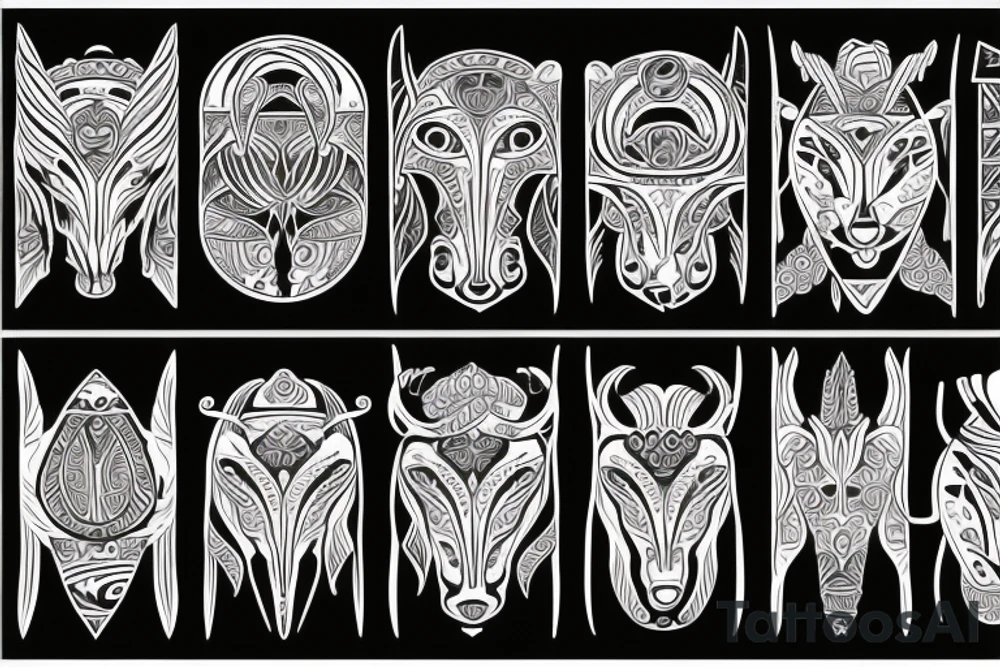 Tribal design incorporating Aquarius, Capricorn, Aries and Taurus zodiacs tattoo idea