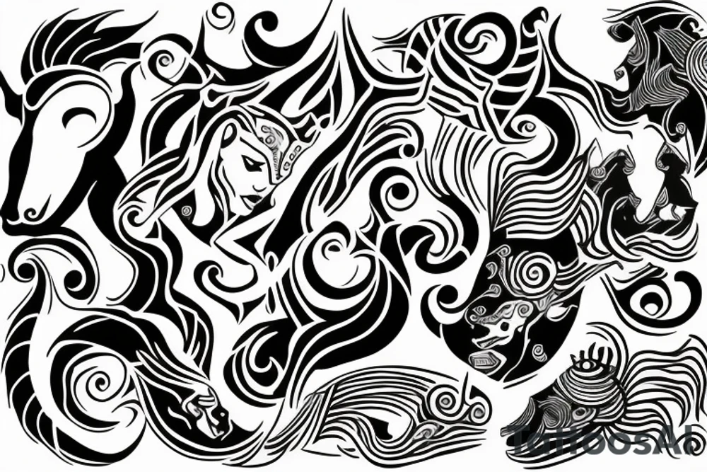 Tribal design incorporating Aquarius, Capricorn, Aries and Taurus zodiacs tattoo idea