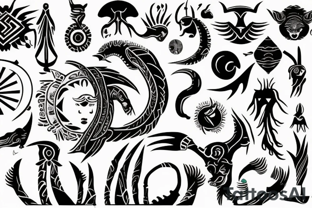 Tribal design incorporating Aquarius,  Capricorn,  Aries and Taurus zodiacs with depictions of their constalations tattoo idea