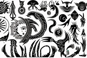 Tribal design incorporating Aquarius,  Capricorn,  Aries and Taurus zodiacs with depictions of their constalations tattoo idea