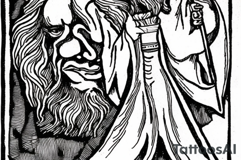 A wizard holding a candle. Etching style. Vertical design tattoo idea