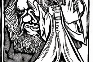 A wizard holding a candle. Etching style. Vertical design tattoo idea