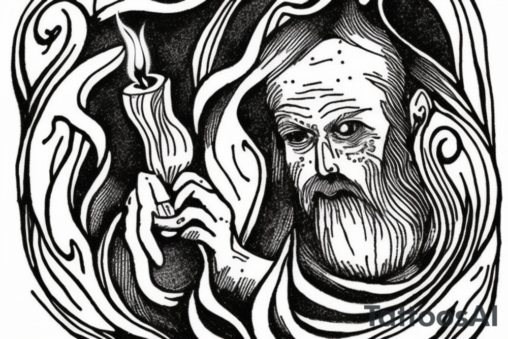 A wizard holding a candle. Etching style. Vertical design tattoo idea
