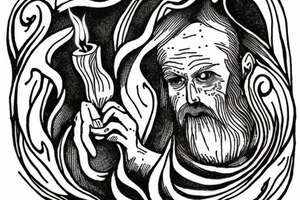 A wizard holding a candle. Etching style. Vertical design tattoo idea