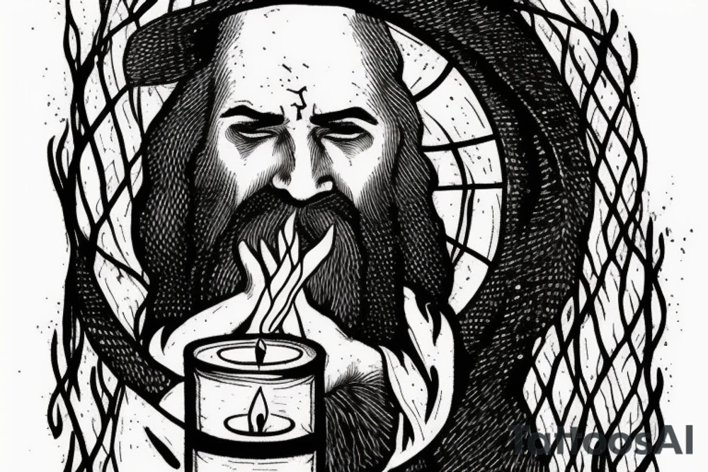A bearded wizard holding a candle. Etching style. Vertical design tattoo idea A bearded wizard holding a candle. Etching style. Vertical design tattoo idea