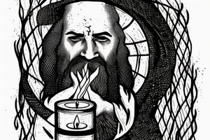A bearded wizard holding a candle. Etching style. Vertical design tattoo idea