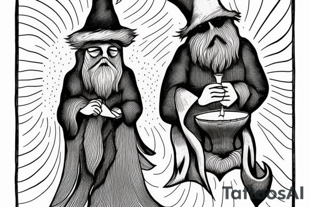 A bearded wizard holding a candle. Etching style. Vertical design tattoo idea A bearded wizard holding a candle. Etching style. Vertical design tattoo idea