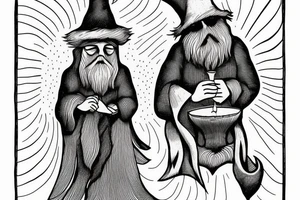 A bearded wizard holding a candle. Etching style. Vertical design tattoo idea