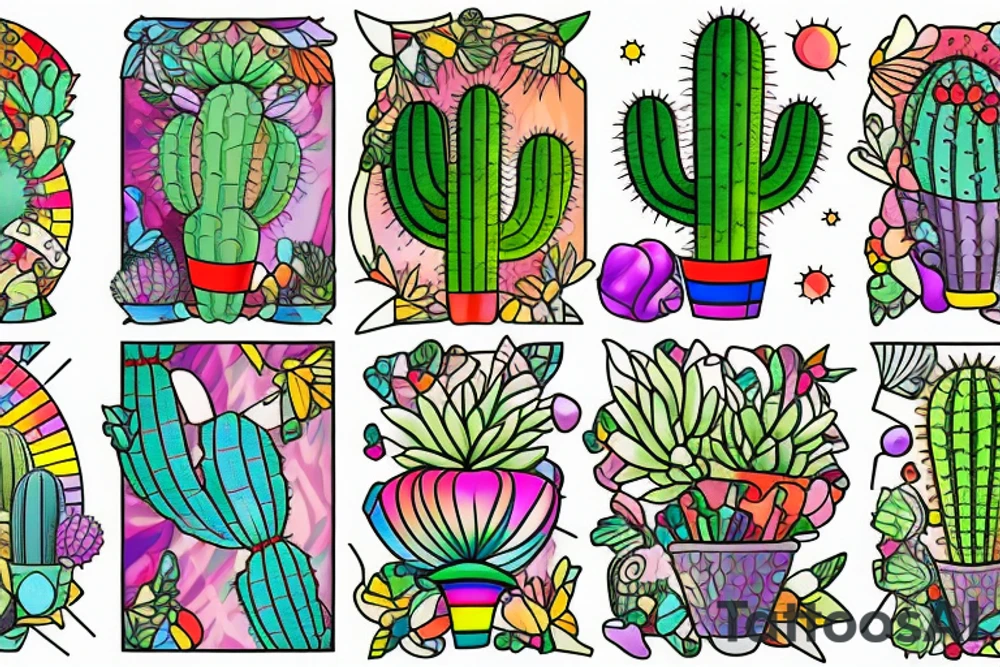 Rainbow stained glass Cactus tattoo idea