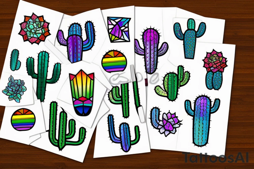 Rainbow stained glass Cactus tattoo idea