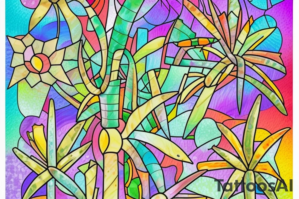 Rainbow stained glass Cactus tattoo idea