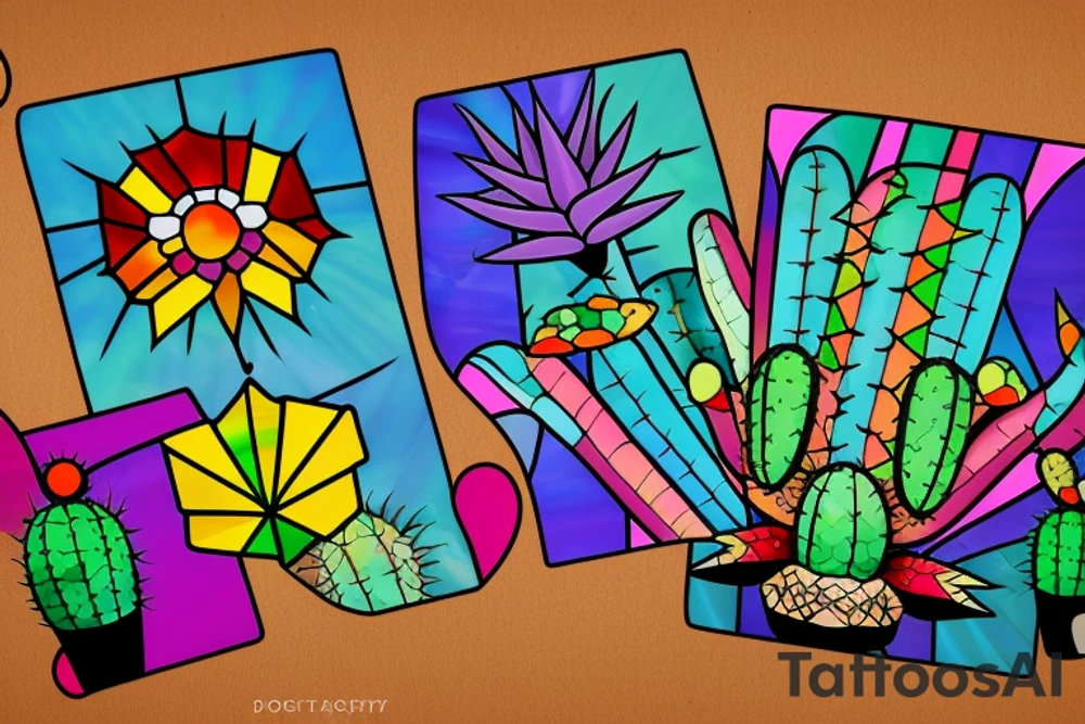 Rainbow stained glass Cactus tattoo idea