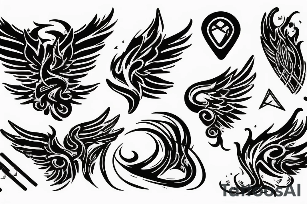 A guitar pick with flaming exhaust pipes coming out from behind it like wings tattoo idea