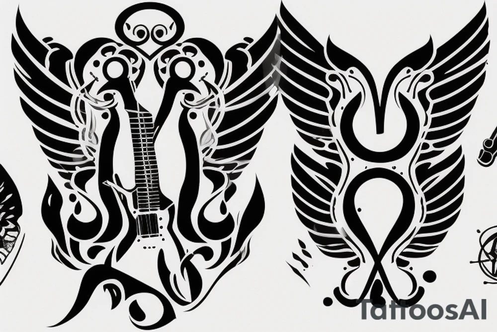 A guitar pick with flaming exhaust pipes coming out from behind it like wings tattoo idea