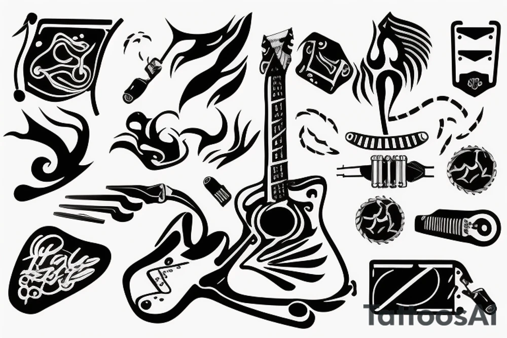 A guitar pick with flaming exhaust pipes coming out from behind tattoo idea