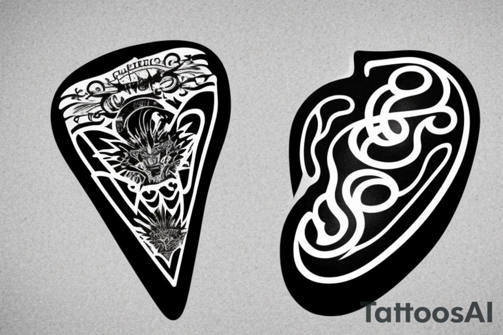 A guitar pick with flaming exhaust pipes coming out from behind tattoo idea