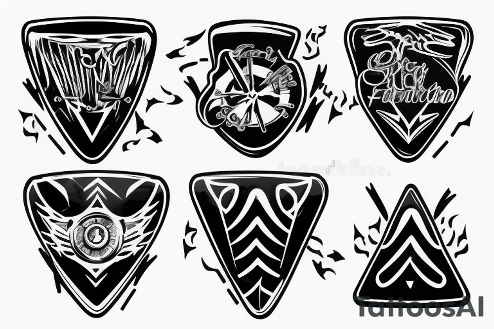 A guitar pick with flaming exhaust pipes coming out from behind tattoo idea