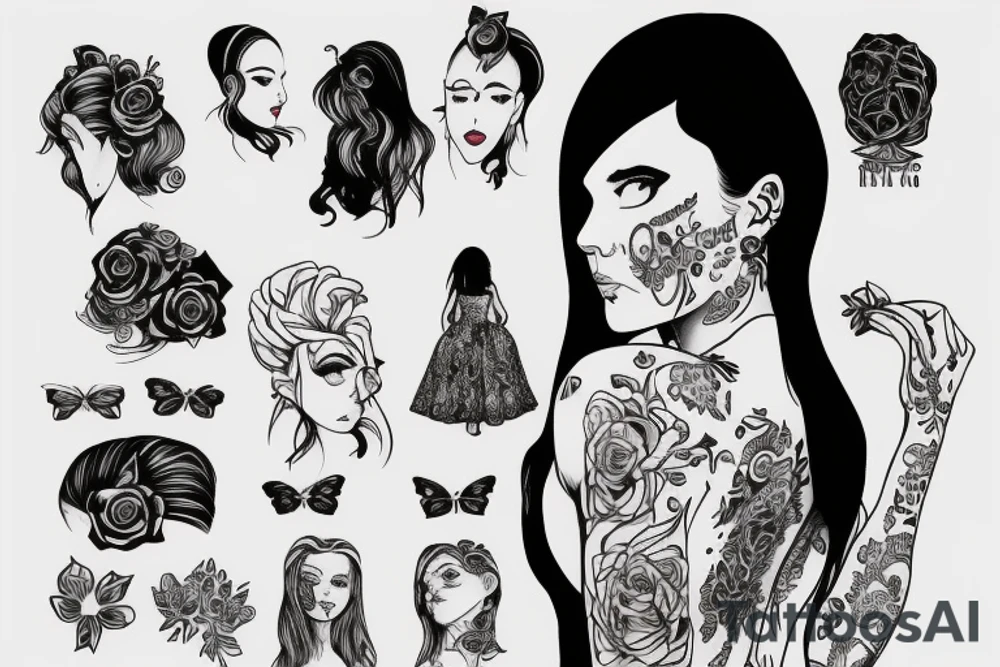 Girl wearing a dress looking over her shoulder and dancing tattoo idea