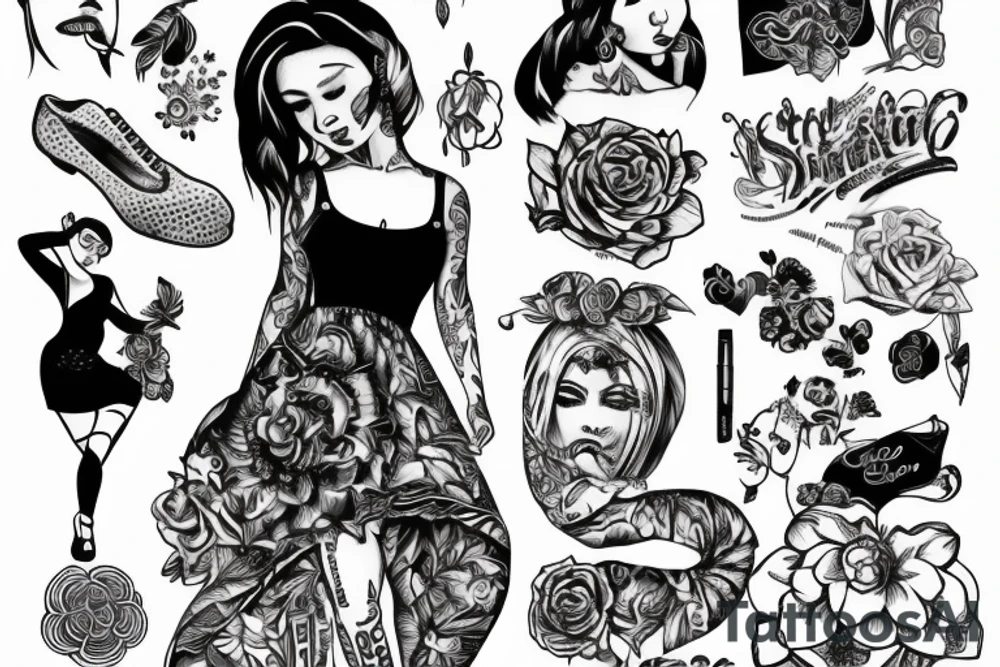 Girl wearing a dress looking over her shoulder and dancing tattoo idea