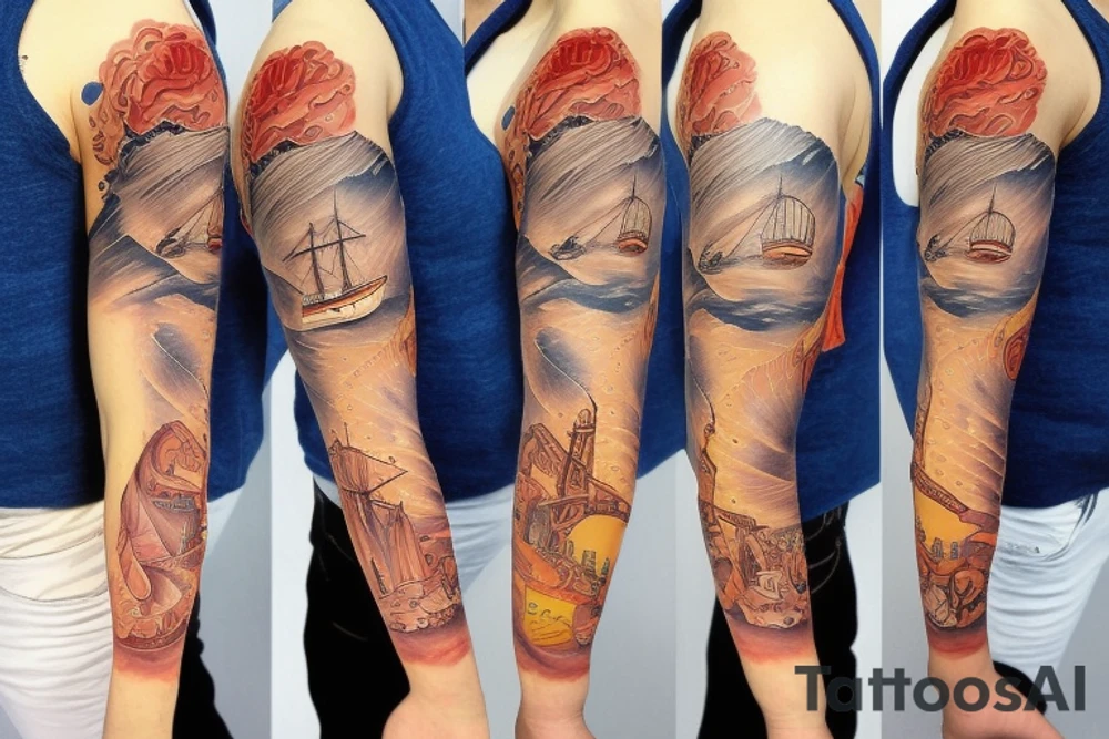 Ship at sea full sleeve tattoo idea