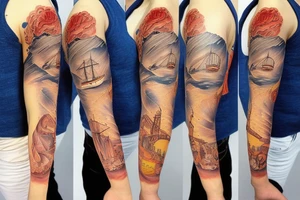 Ship at sea full sleeve tattoo idea