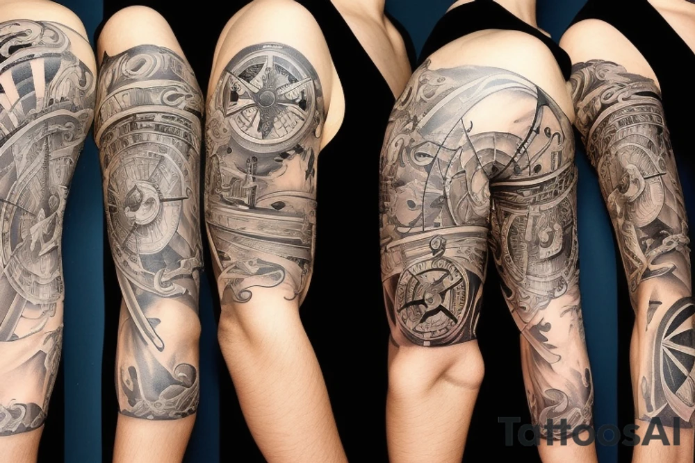 Ship at sea and compass full sleeve tattoo idea