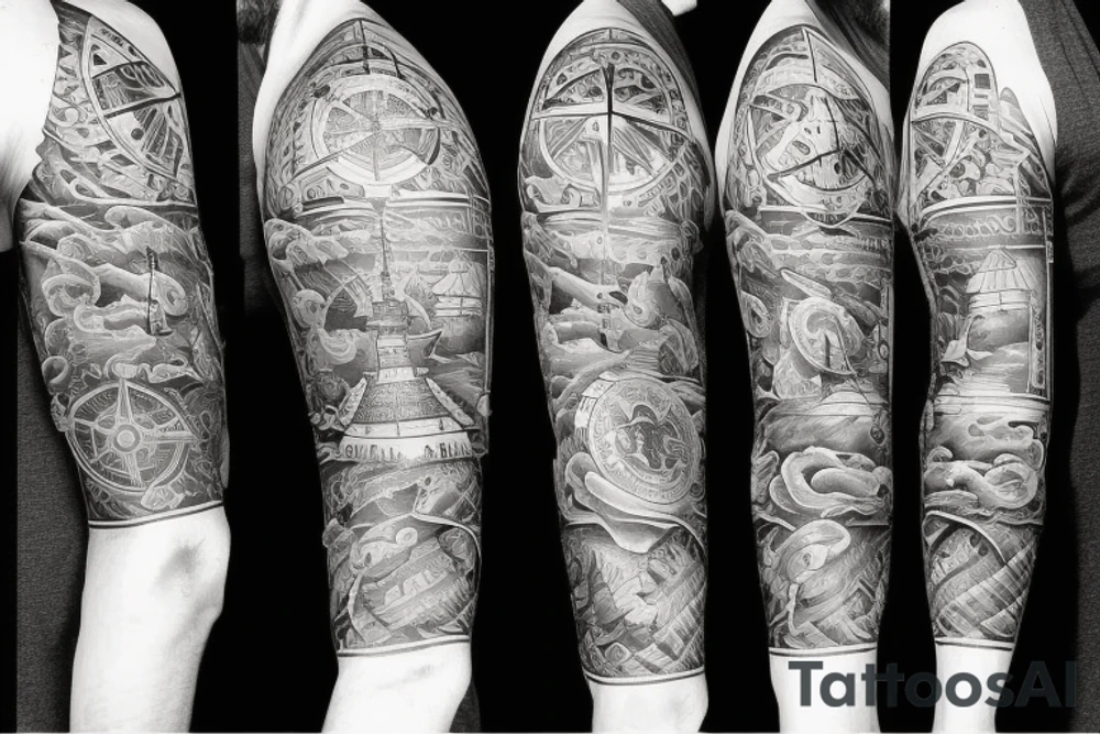 Ship at sea and compass full sleeve tattoo idea
