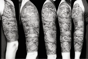 Ship at sea and compass full sleeve tattoo idea