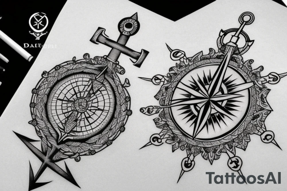 Compass and anchor and sword tattoo idea