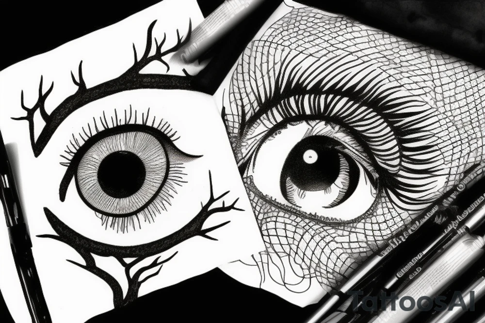 Eye with tree roots for lashes tattoo idea