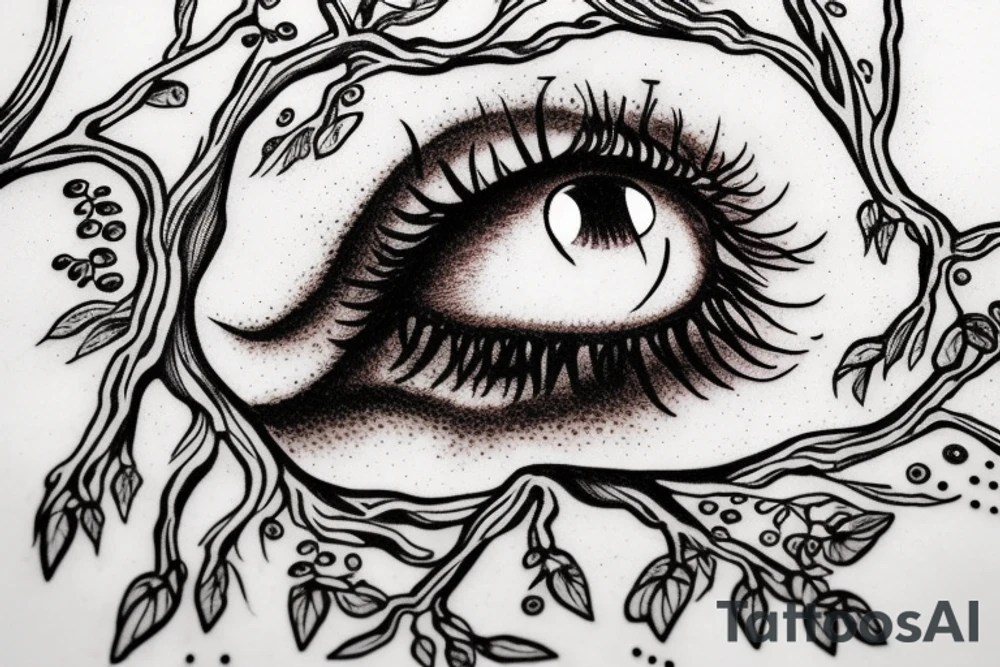 Eye with tree roots for lashes tattoo idea