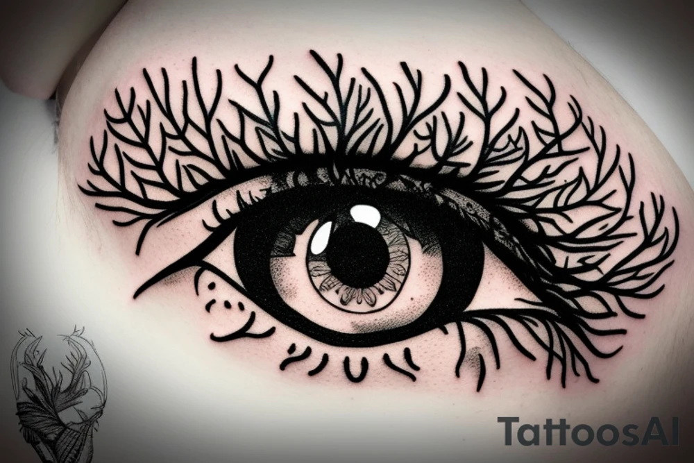 Eye with tree roots growing above lashes tattoo idea