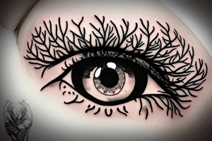 Eye with tree roots growing above lashes tattoo idea