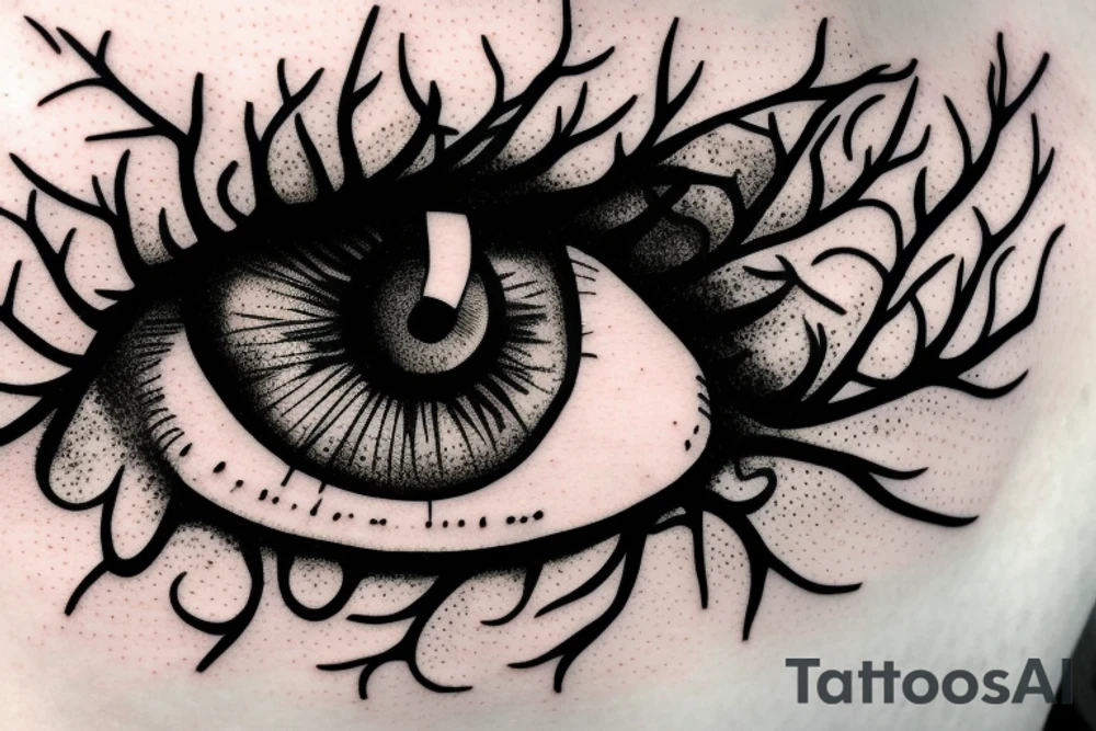 Eye with tree roots growing above lashes tattoo idea