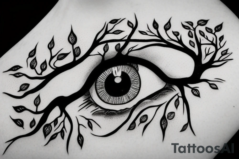 Eye with tree roots growing above lashes tattoo idea
