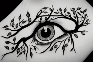 Eye with tree roots growing above lashes tattoo idea