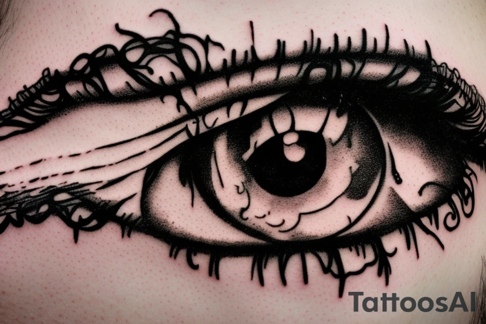 Eye with tree roots growing above lashes tattoo idea