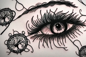 Eye with tree roots growing above lashes tattoo idea