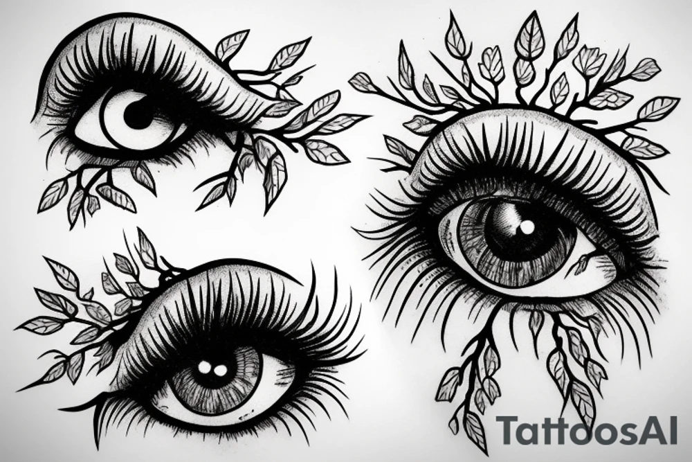 Eye with tree roots growing above lashes tattoo idea