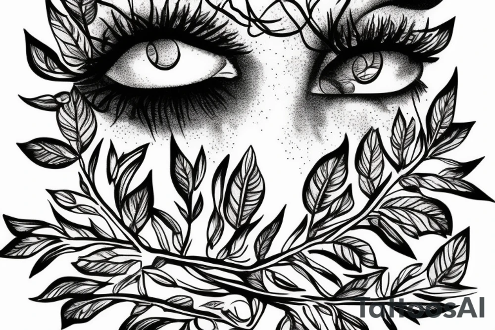 Eye with tree roots growing above lashes tattoo idea