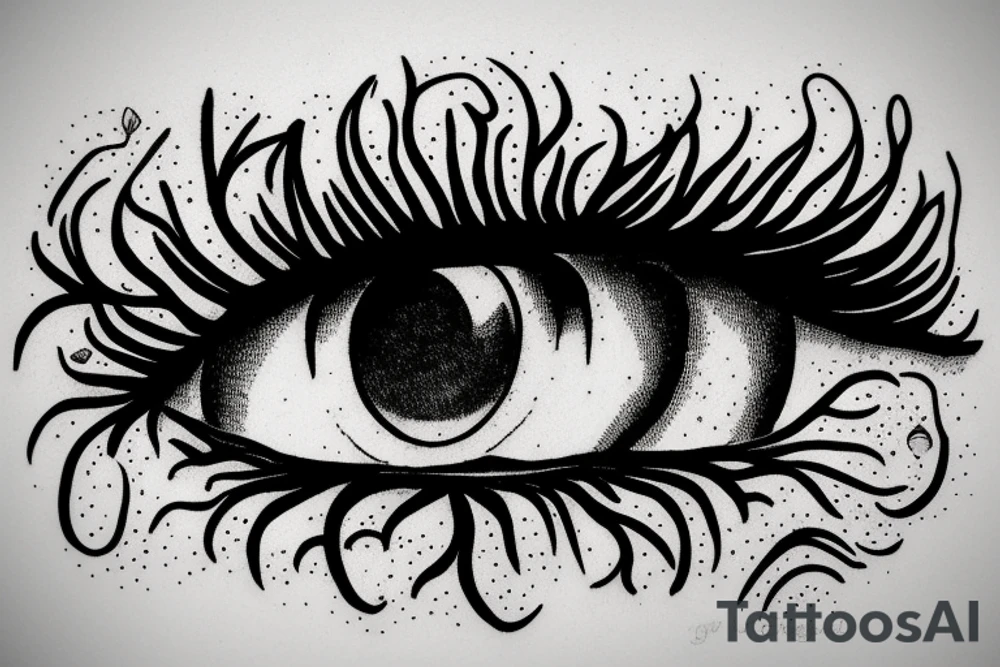Eye with tree roots growing above lashes tattoo idea