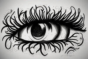 Eye with tree roots growing above lashes tattoo idea